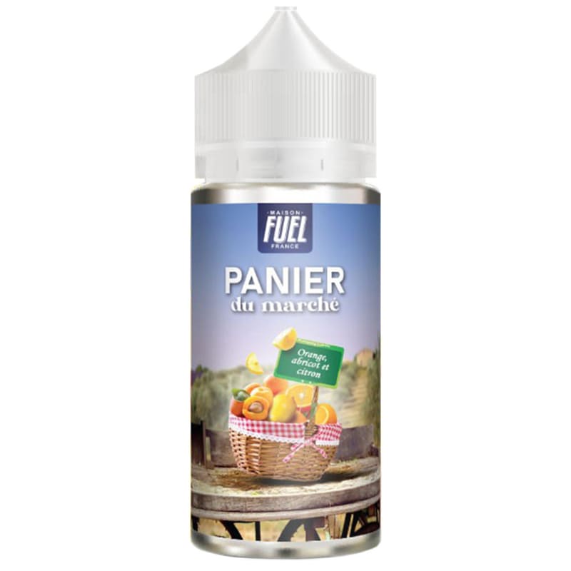 Flacon de 100ml Maison Fuel Panier du Marché avec étiquette illustrant un panier d'oranges, abricots et citrons.