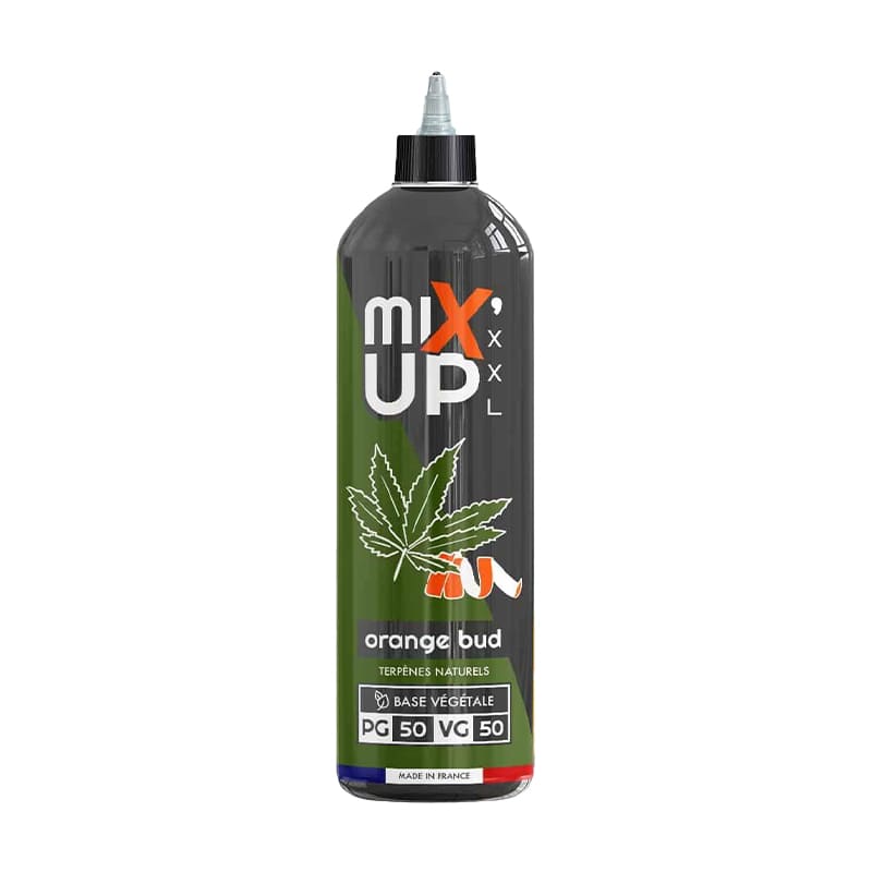 Flacon d'e-liquide Mix'Up XXL Orange Bud 1L avec étiquette verte, logo orange et feuille de chanvre, base 50/50 végétale.