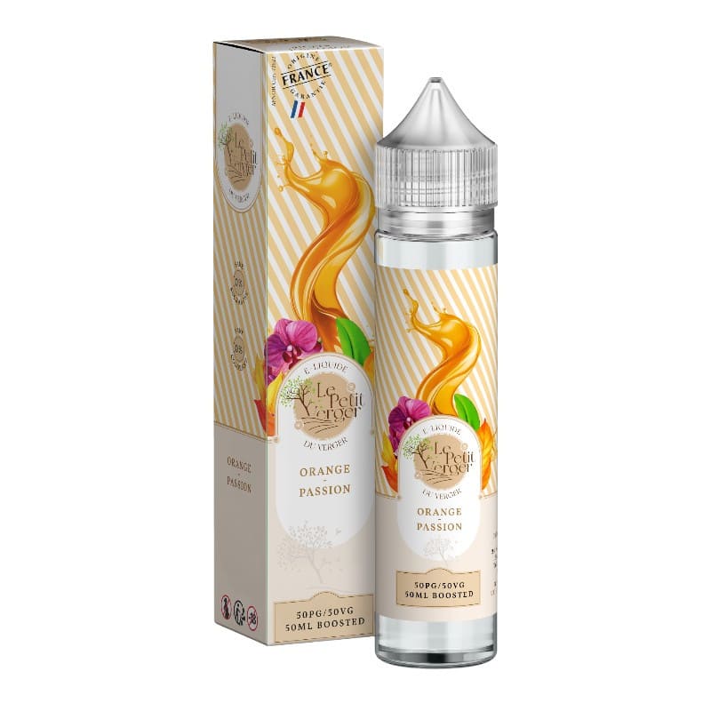 Flacon de 50ml et boîte Le Petit Verger Orange Passion Savourea avec motifs d'orange et de fleur tropicale sur fond rayé.