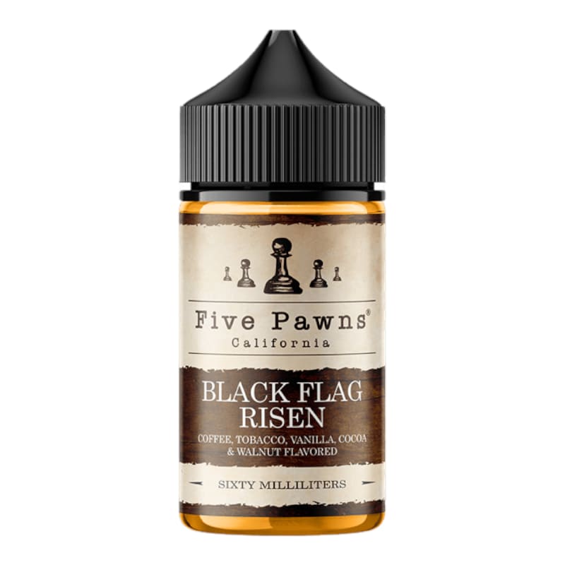 Flacon d'e-liquide Five Pawns Black Flag Risen 50ml avec étiquette vintage, bouchon noir et design aux motifs d'échecs.