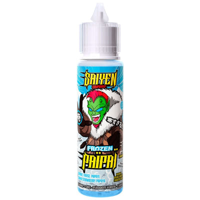 Flacon de e-liquide 50ml Saiyen Vapors Frozen Païpaï avec illustration manga sur fond bleu et bouchon blanc.