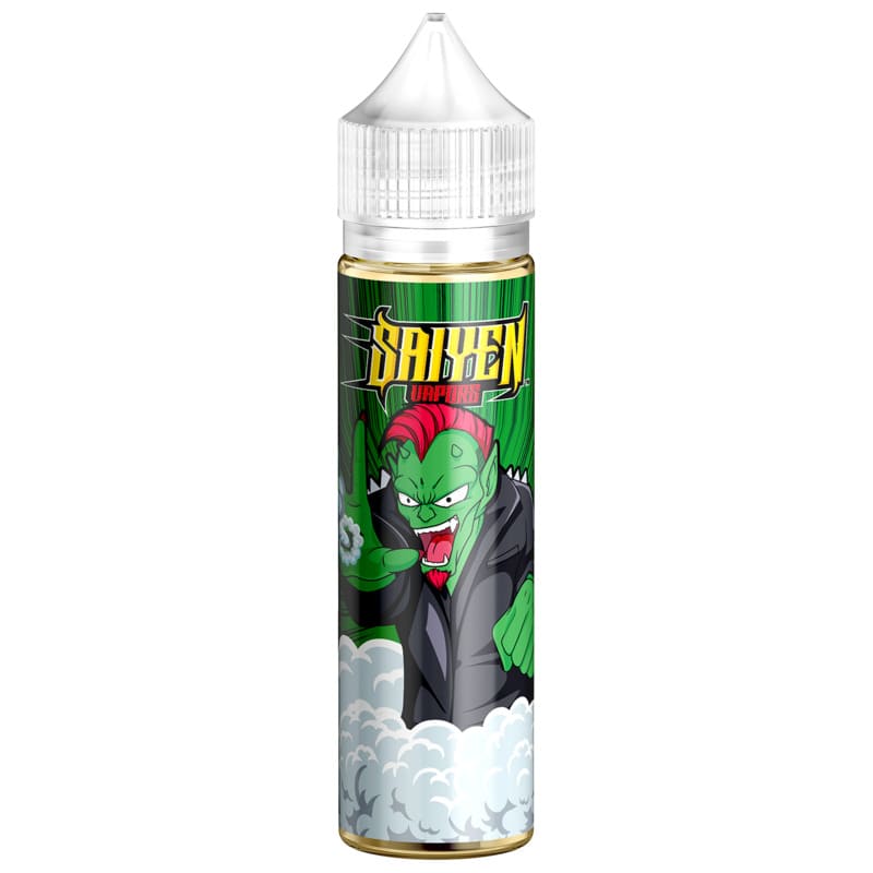 Flacon de 50ml E-liquide Païpaï Saiyen Vapors avec illustration manga verte sur fond rayé et bouchon blanc.