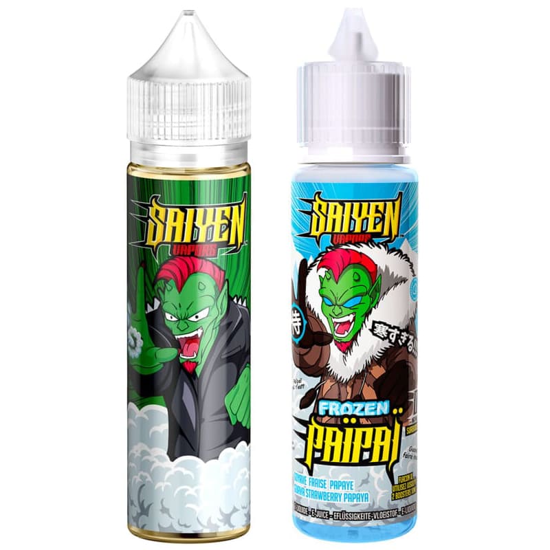 Deux flacons de e-liquide 50ml Saiyen Vapors Païpaï et Frozen Païpaï avec illustrations manga sur fond blanc.