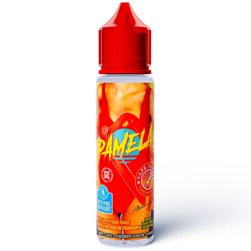 Flacon de 50ml d'e-liquide Swoke Pamela avec bouchon rouge, étiquette colorée illustrée et design estival.