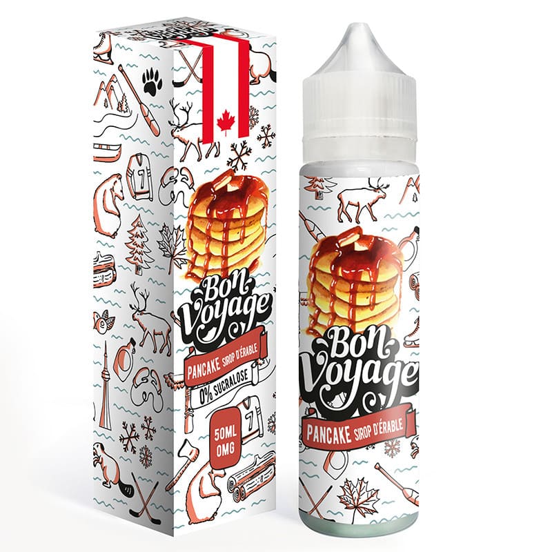 Flacon de 50ml et boîte Bon Voyage Pancake Sirop d'Érable avec illustrations canadiennes sur fond blanc.