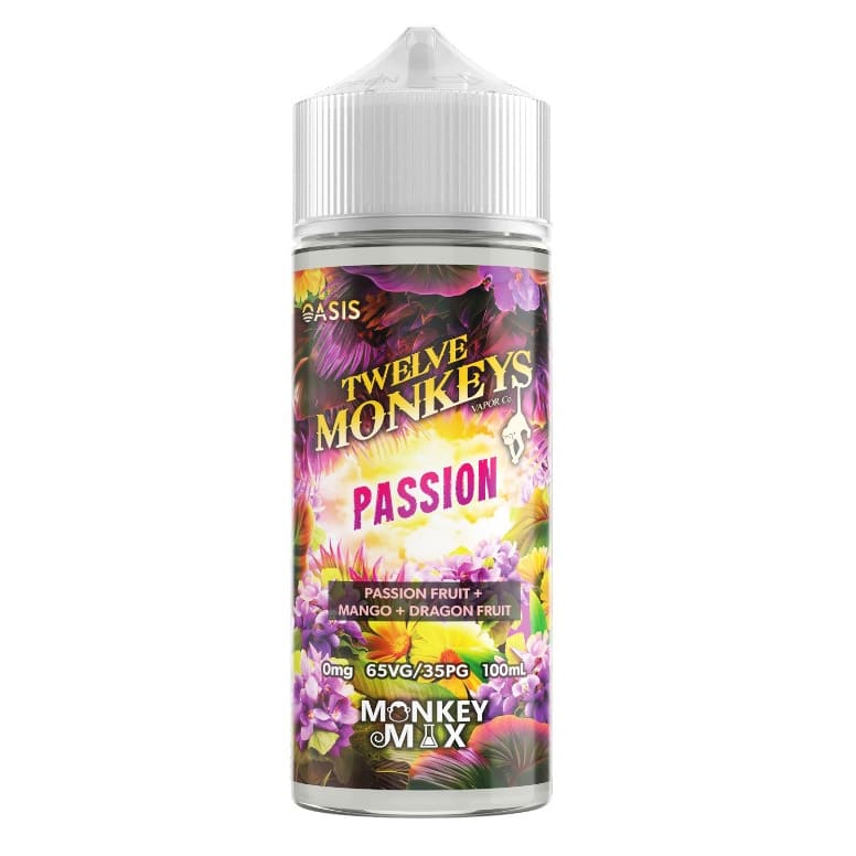 Flacon de e-liquide Twelve Monkeys Passion 100ml avec étiquette colorée aux motifs de fruits tropicaux et fleurs exotiques.