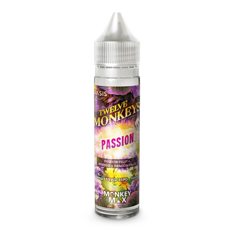Flacon de e-liquide Twelve Monkeys Passion 50ml avec étiquette colorée aux motifs de fruits tropicaux et fleurs exotiques.