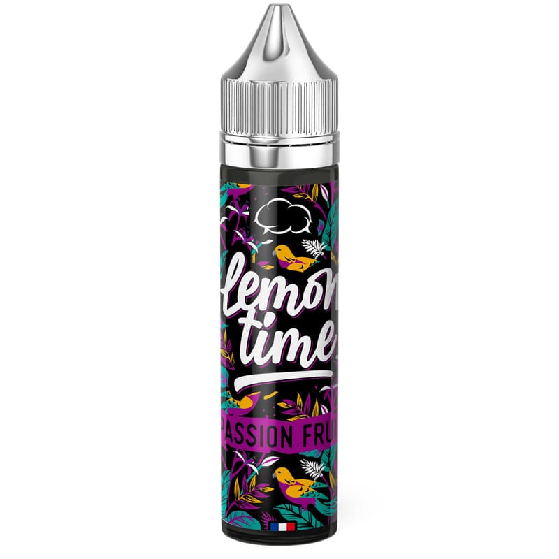 Flacon de 50ml E-liquide Lemon'Time Passion Fruit avec étiquette colorée à motifs tropicaux et bouchon argenté.