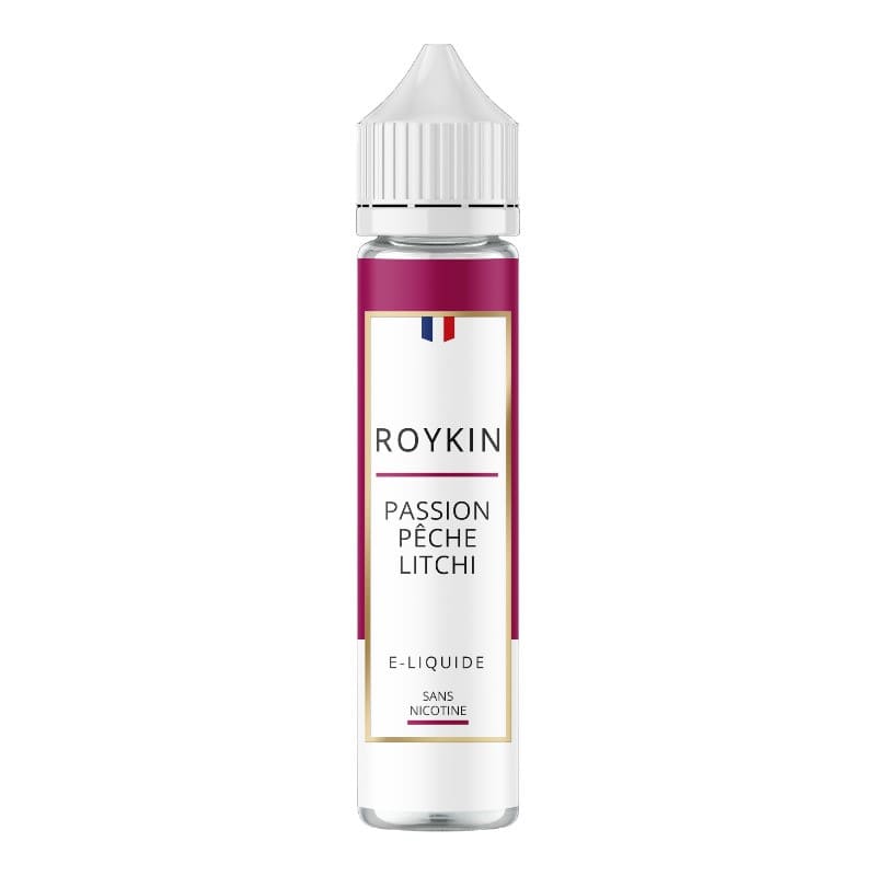 Flacon d'e-liquide Roykin Passion Pêche Litchi 50ml avec étiquette blanche et rose, bouchon blanc sur fond blanc.