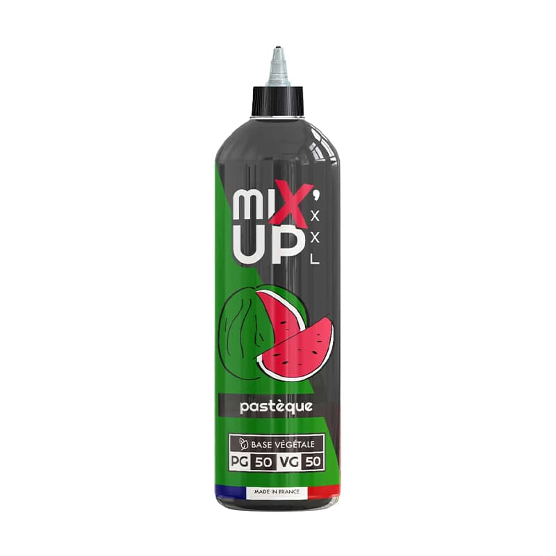 Flacon d'e-liquide Mix'Up XXL Pastèque 1L avec étiquette verte et rouge, base végétale 50/50, fabriqué en France.