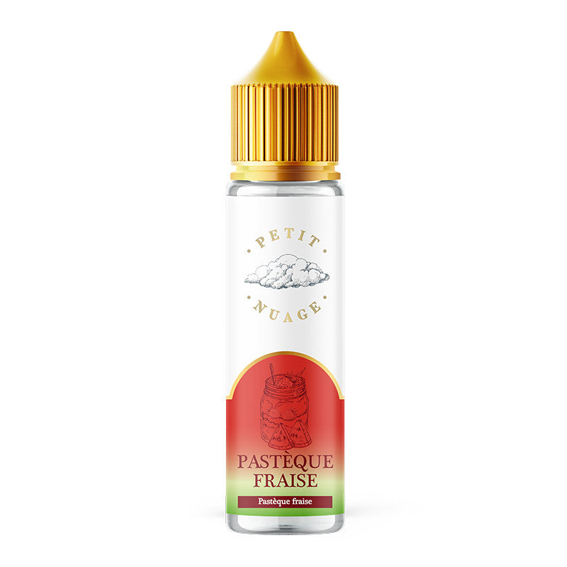 Flacon d'e-liquide Petit Nuage 50ml Pastèque Fraise avec bouchon doré et étiquette illustrée aux tons rouges et verts.