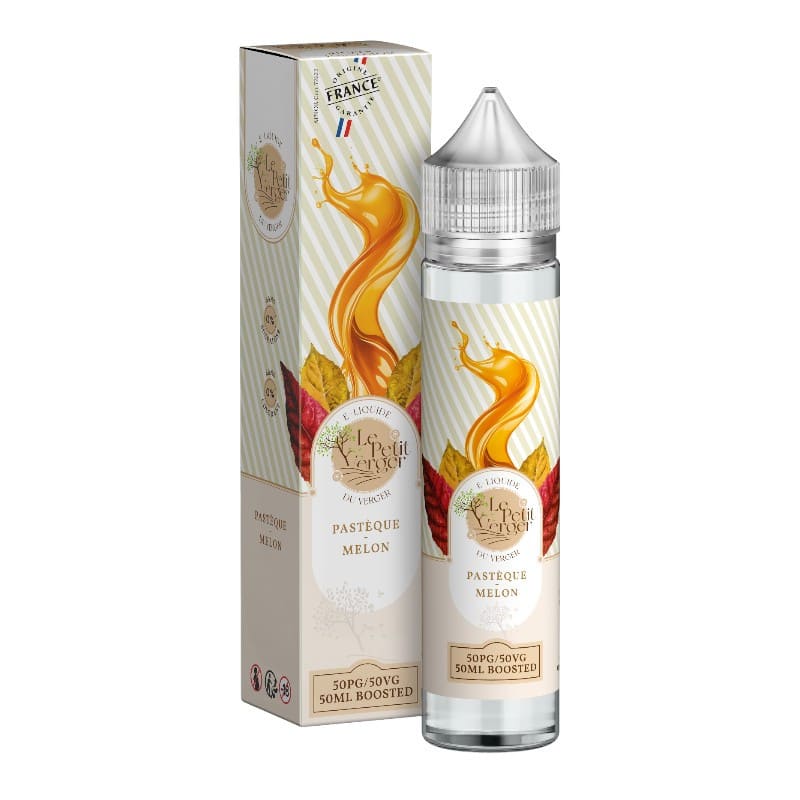 Flacon de 50ml et boîte Le Petit Verger Pastèque Melon, design fruité aux tons crème et orange, 50PG/50VG.