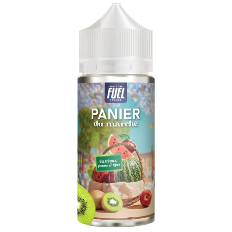 Flacon de 100ml d'e-liquide Panier du Marché Maison Fuel avec étiquette illustrée de pastèque, pomme et kiwi sur fond champêtre.
