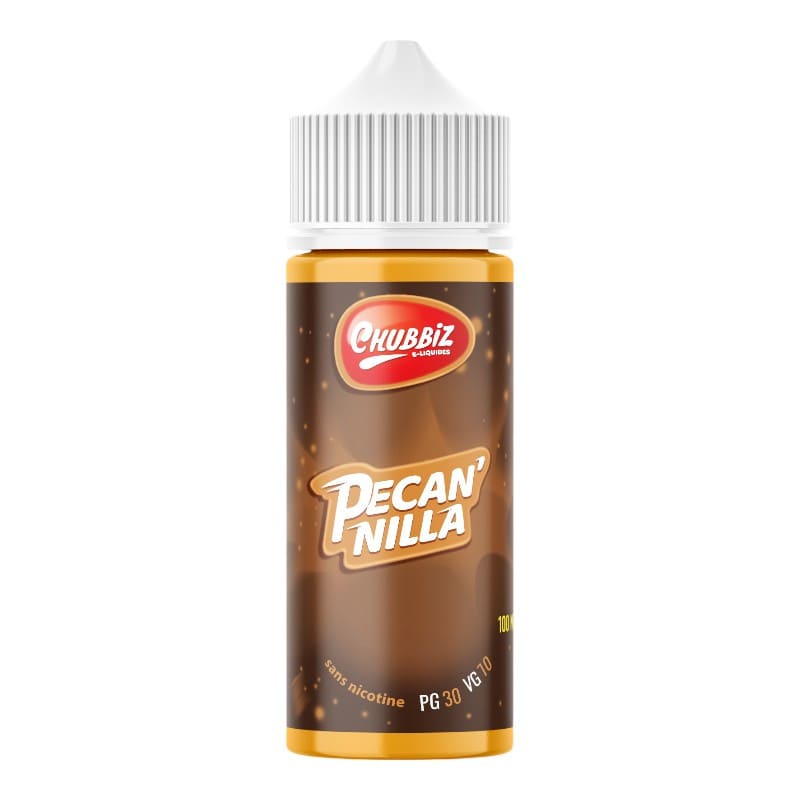 Flacon de 100ml Chubbiz Pecan'nilla avec étiquette marron, bouchon blanc et design gourmand vanille et noix de pécan.