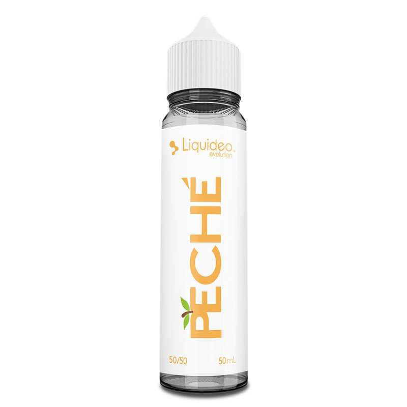 Flacon d'e-liquide Liquideo Pêché 50ml avec étiquette blanche, texte orange et bouchon blanc sur fond blanc.