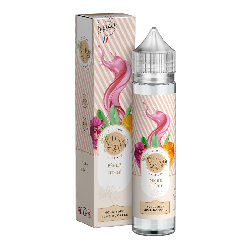 Flacon de 50ml et boîte d'e-liquide Le Petit Verger Pêche Litchi avec étiquette rayée rose et motifs de fruits.