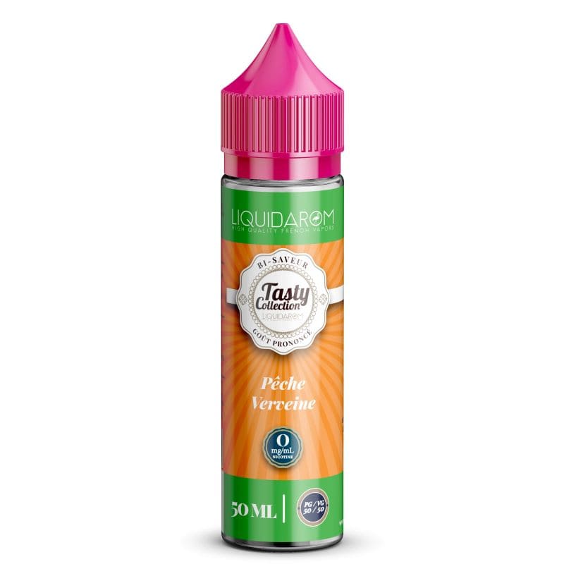 Flacon de 50ml Tasty Collection Pêche Verveine avec bouchon rose vif et étiquette orange et verte.