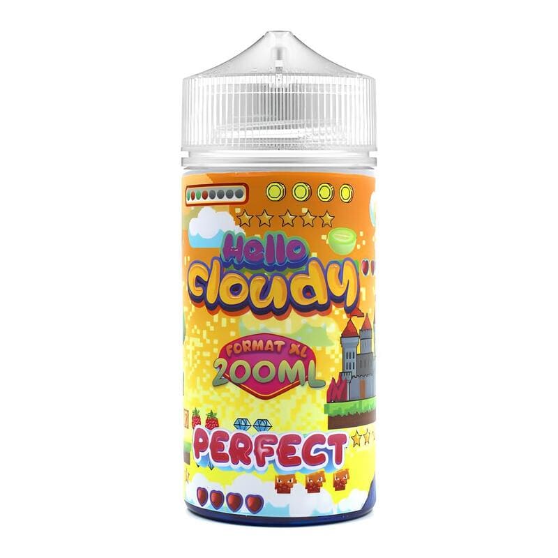 Flacon unicorn de 200 ml d'e-liquide Hello Cloudy Perfect avec étiquette colorée style jeu vidéo rétro.