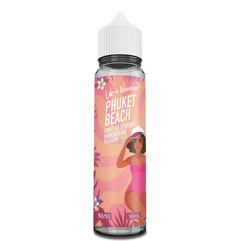 Flacon d'e-liquide Phuket Beach 50ml avec étiquette rose illustrée d'une femme en maillot de bain et motifs tropicaux.