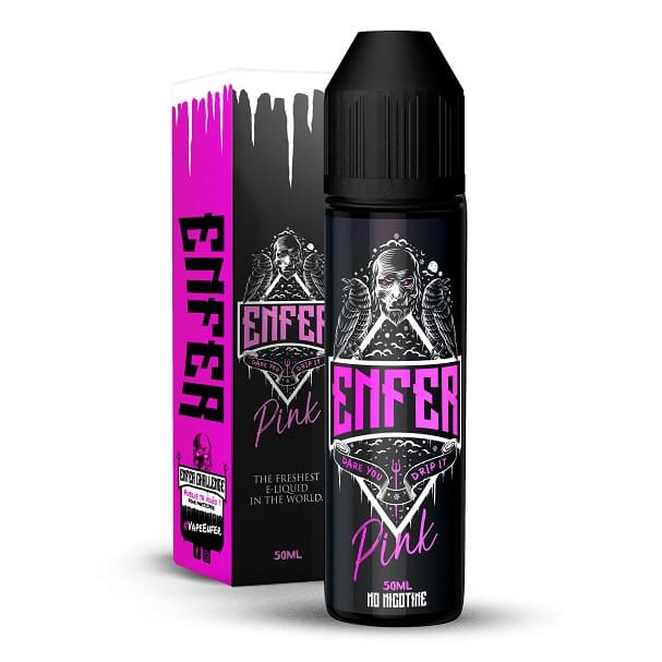 Flacon de 50ml d'e-liquide Enfer Pink avec boîte assortie, design noir et rose, illustration de crâne et effets glacés.