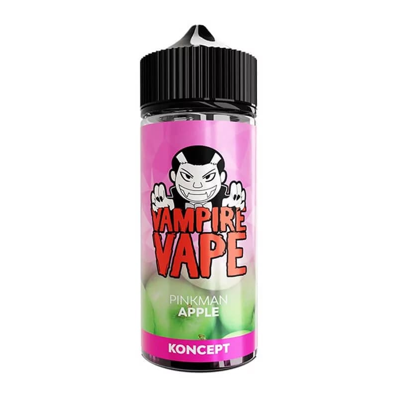 Flacon d'e-liquide Vampire Vape Pinkman Apple avec étiquette rose, logo vampire et pommes vertes sur fond blanc.