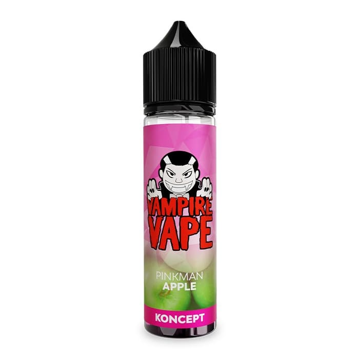 Flacon d'e-liquide Vampire Vape Pinkman Apple avec étiquette rose, logo vampire et illustration de pommes vertes.