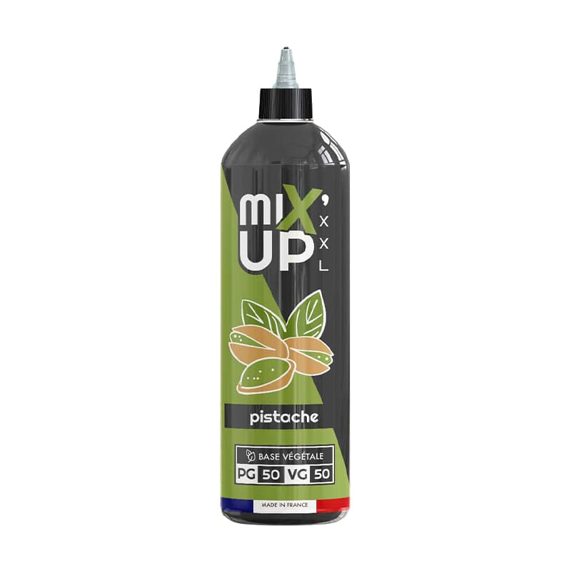 Flacon d'e-liquide 1L Mix'Up XXL saveur pistache avec étiquette verte et noire, ratio 50/50 PG/VG, fabriqué en France.