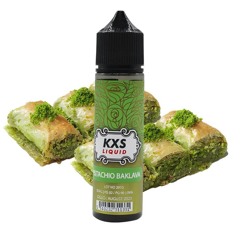 Flacon de 50ml KXS Liquid Pistachio Baklava avec étiquette verte ornée de motifs floraux, entouré de baklavas à la pistache.