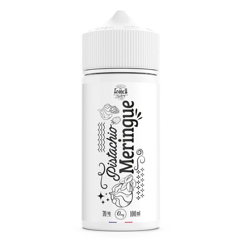 Flacon de 100ml d'e-liquide Pistachio Meringue The French Bakery avec étiquette blanche et illustrations graphiques noires.