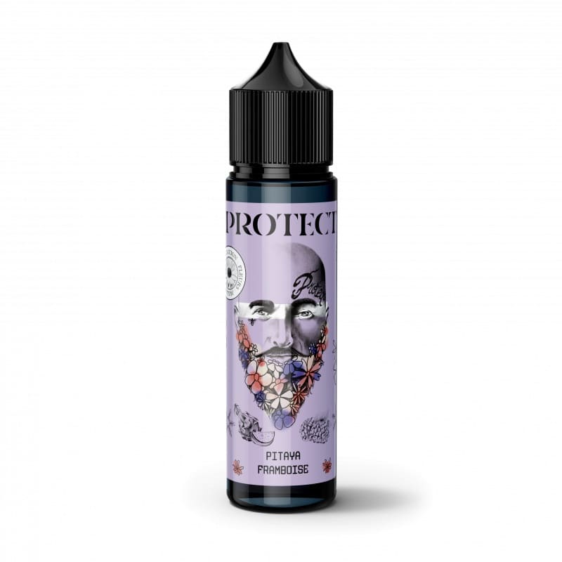 Flacon de 50ml Protect Pitaya Framboise avec étiquette violette illustrée d'un visage à barbe fleurie sur fond blanc.