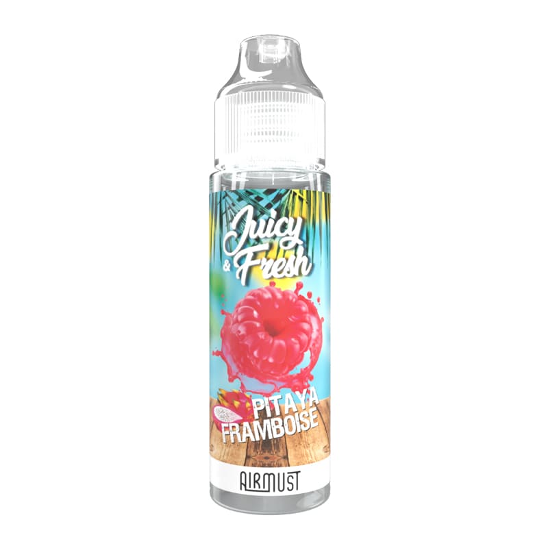 Flacon d'e-liquide 60ml Juicy & Fresh Pitaya Framboise avec étiquette tropicale illustrant une framboise et du fruit du dragon.