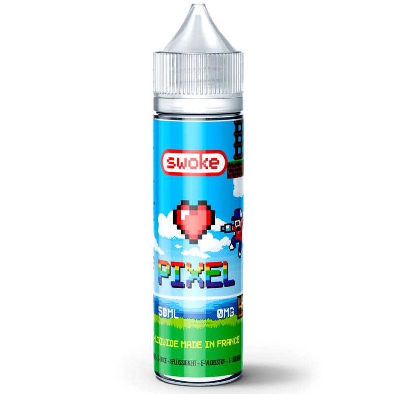 Flacon 50ml Swoke Pixel avec étiquette colorée style arcade 8-bit, illustrant un cœur et un personnage rétro sur fond bleu.