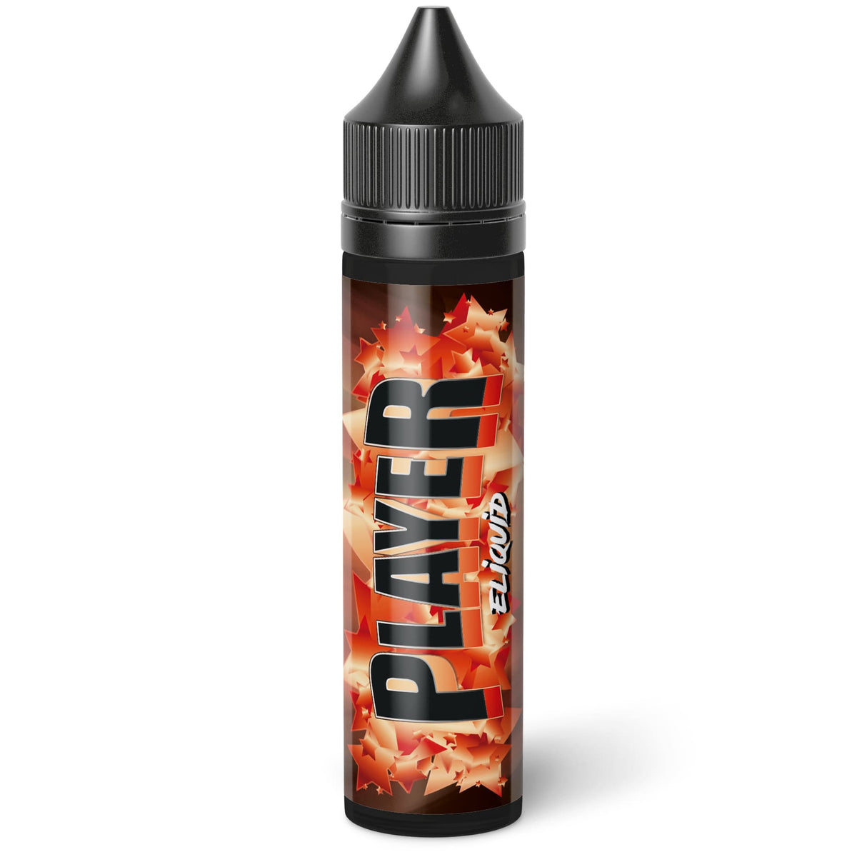 Flacon de 50ml Eliquid France Player avec étiquette orange à motifs d'étoiles et bouchon noir de sécurité.