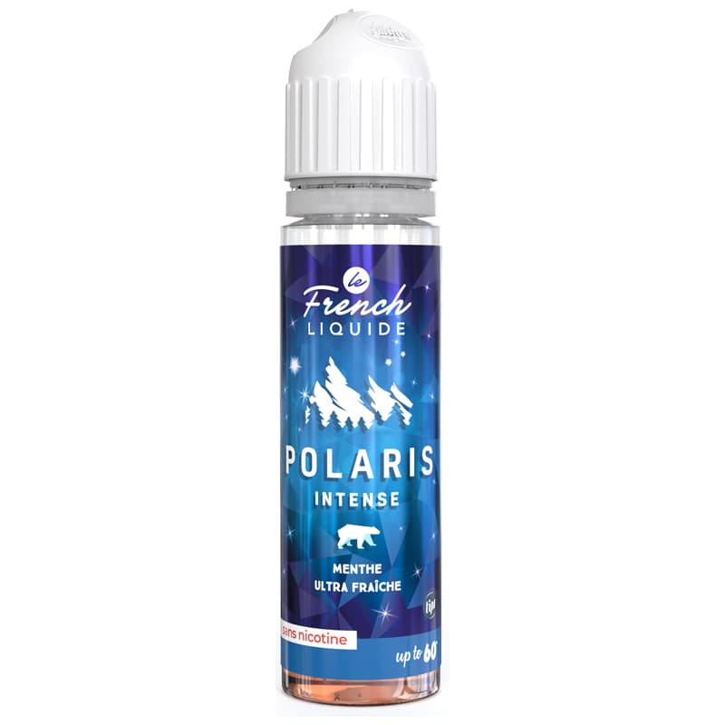 Flacon de 50ml Polaris Intense Le French Liquide, étiquette bleue glaciale avec montagnes et ours polaire, bouchon blanc.