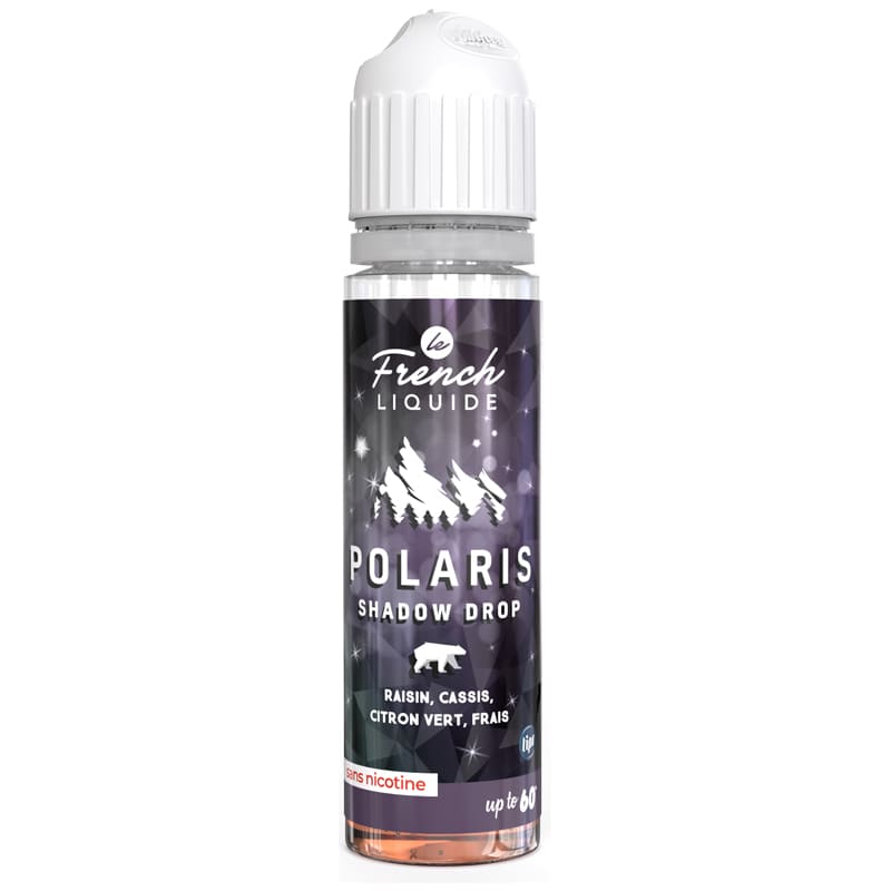 Flacon de 50ml Polaris Shadow Drop par Le French Liquide, étiquette violette avec motif montagne et ours, bouchon blanc.
