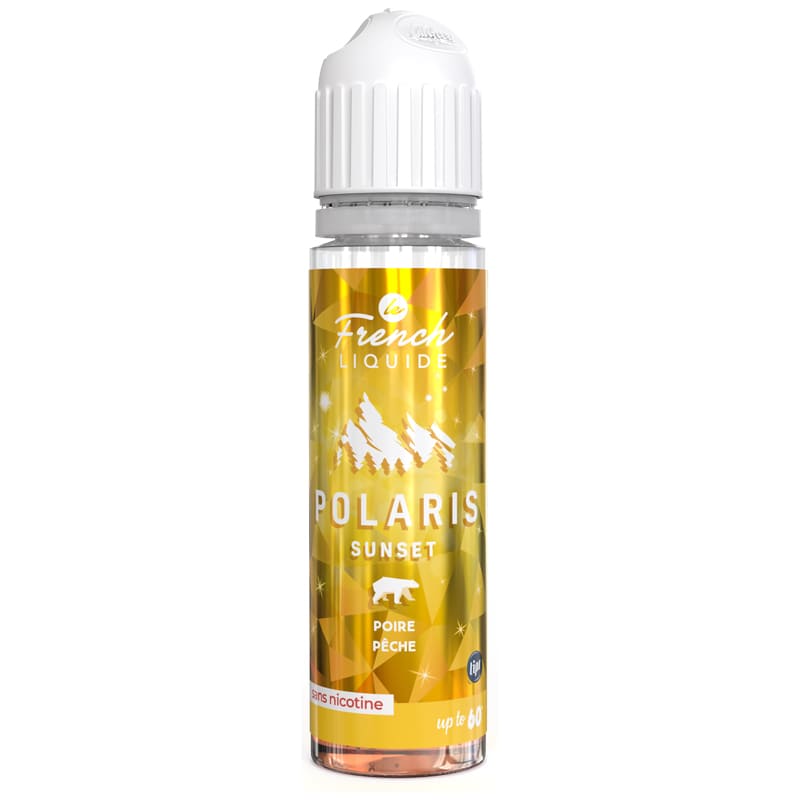 Flacon de 50ml Polaris Sunset Le French Liquide, étiquette dorée avec motifs géométriques, montagnes et ours polaire.