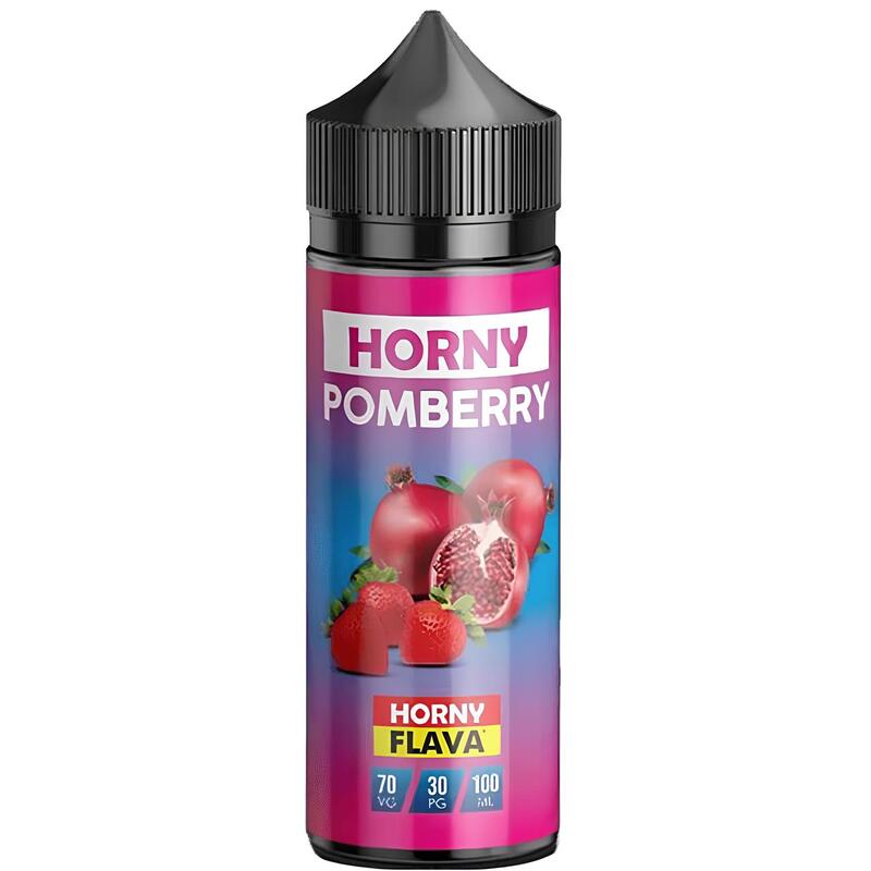 Flacon de 100ml Horny Flava Pomberry avec étiquette rose illustrée de fraises et de grenades sur fond dégradé.