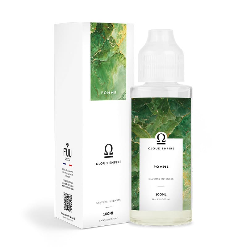 Flacon de 100ml et boîte d'e-liquide Pomme Cloud Empire FUU avec étiquette verte effet marbre et détails dorés.