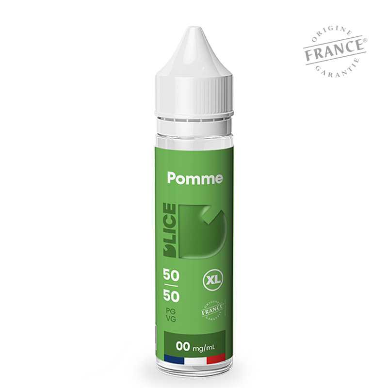 Flacon d'e-liquide D'LICE XL Pomme 50ml, étiquette verte avec logo, ratio 50/50 PG/VG et bouchon blanc, fabrication française.
