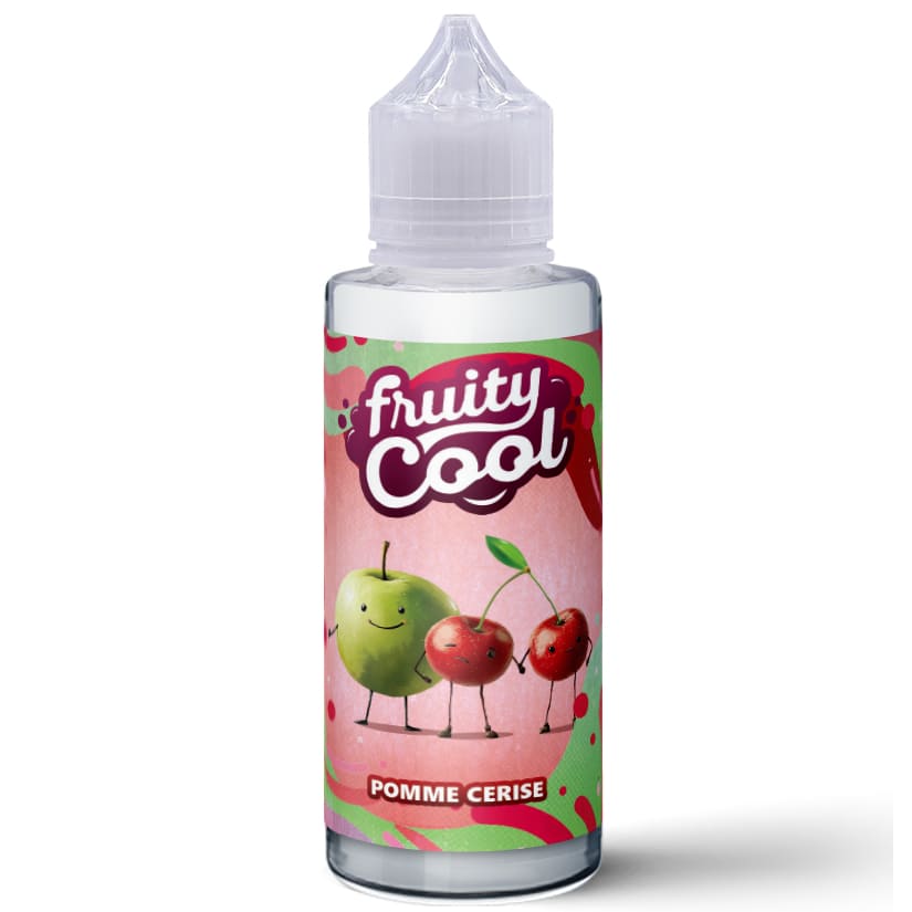 Flacon de 100ml d'e-liquide Fruity Cool Pomme Cerise avec étiquette illustrée de fruits souriants sur fond rose et vert.