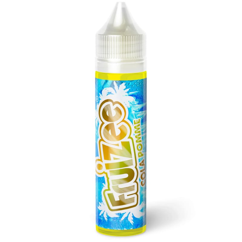 Flacon d'e-liquide Fruizee Pomme Cola 50ml avec étiquette bleue tropicale, logo doré et bouchon transparent.