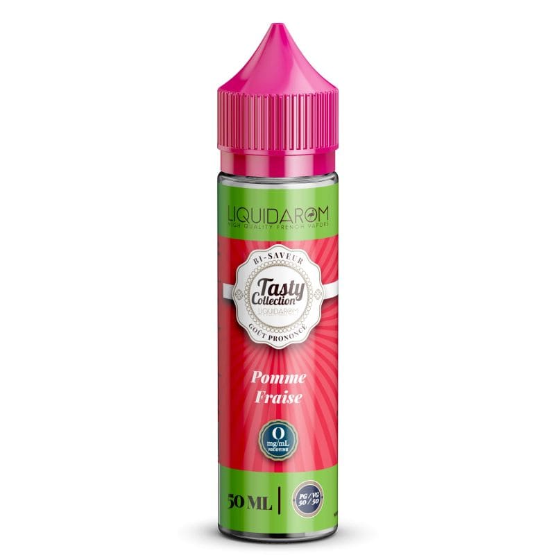 Flacon d'e-liquide Tasty Collection 50ml avec bouchon rose, étiquette rouge et verte, saveur pomme fraise.