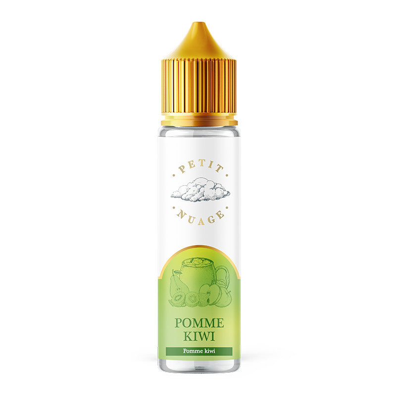 Flacon d'e-liquide Petit Nuage Pomme Kiwi 50ml avec bouchon doré et étiquette illustrée de fruits verts.