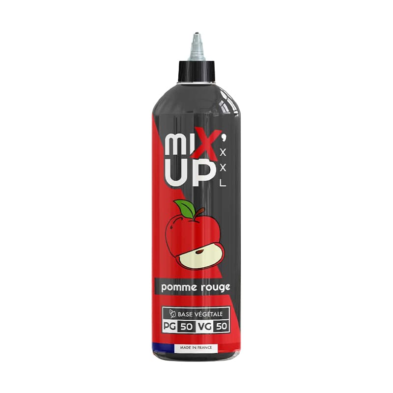 Flacon d'e-liquide Mix'Up XXL Pomme Rouge 1L avec étiquette rouge et noire, illustration de pomme et ratio 50/50 PG/VG.
