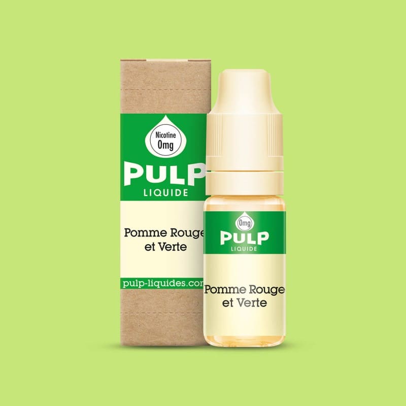 Flacon d'e-liquide PULP Pomme Rouge et Verte 10ml avec sa boîte en carton kraft sur fond vert clair.