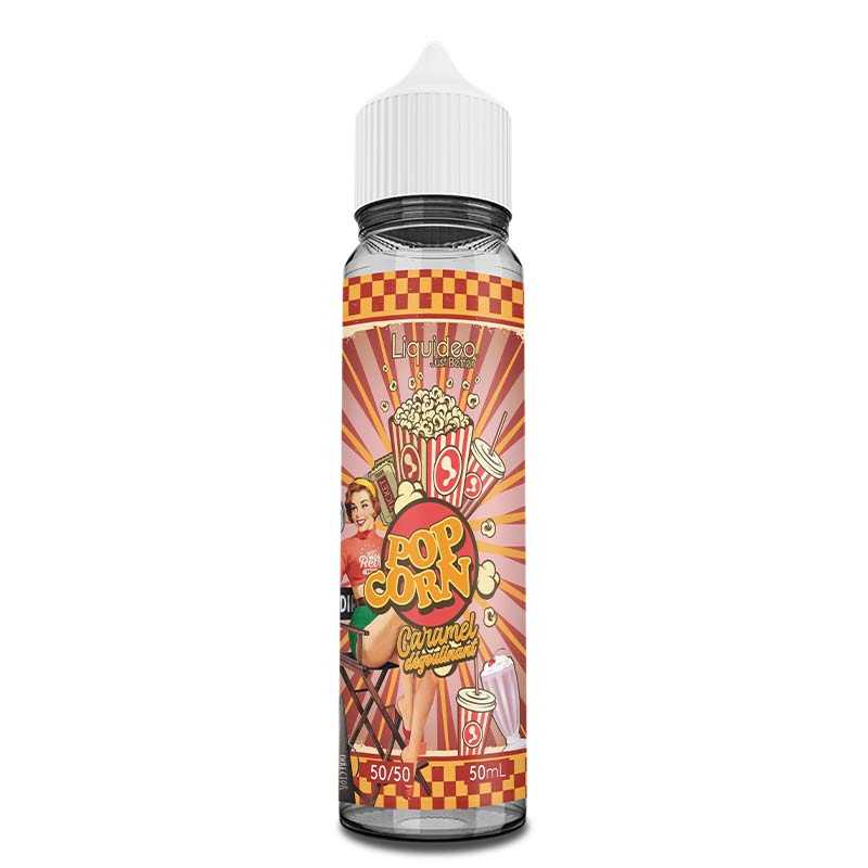Flacon de 50ml Liquideo Pop Corn Caramel avec étiquette rétro illustrée de pop-corn et bouchon blanc.