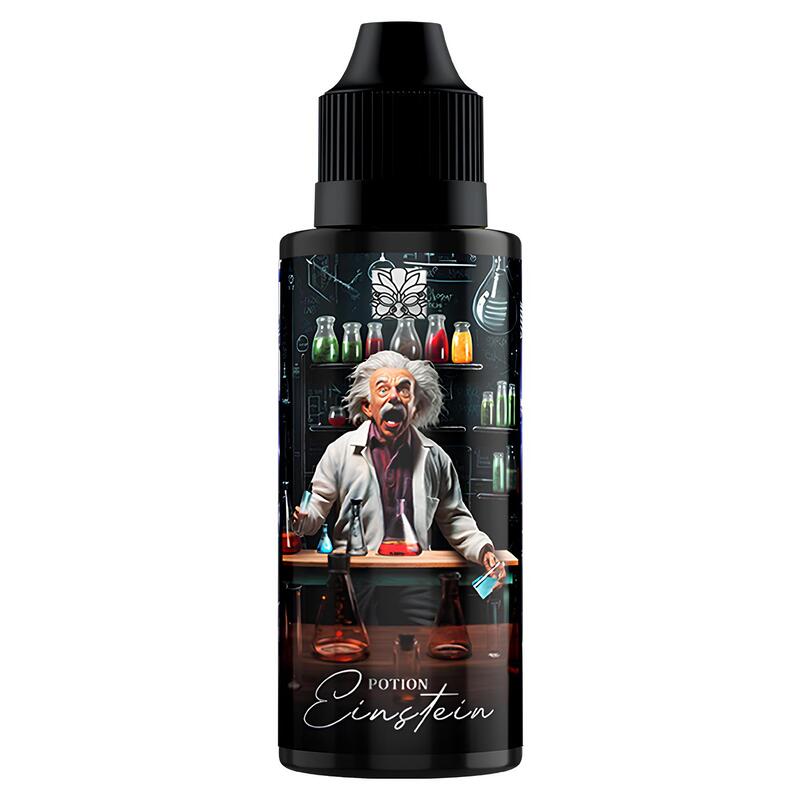 Flacon d'e-liquide Potion Einstein Tribal Force avec illustration d'un scientifique dans son laboratoire sur fond noir.