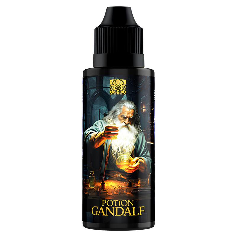 Flacon d'e-liquide Potion Gandalf Tribal Force avec étiquette illustrée d'un magicien et bouchon noir.