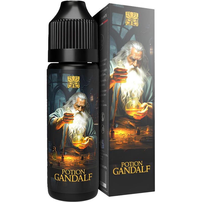Flacon d'e-liquide Potion Gandalf Tribal Force avec illustration de magicien et bouchon noir, présenté avec sa boîte assortie.