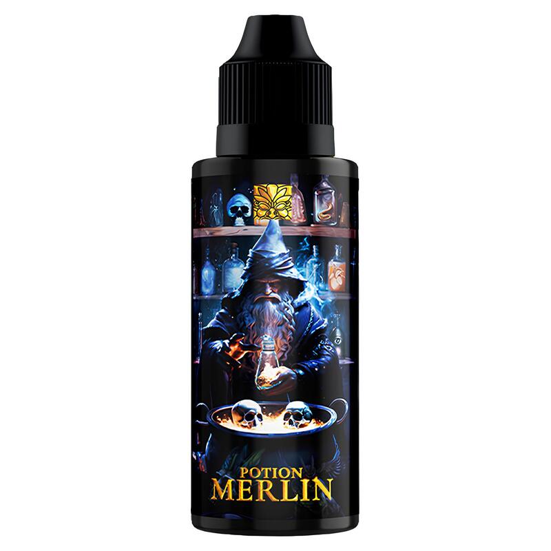 Flacon d'e-liquide Potion Merlin Tribal Force avec illustration mystique d'un magicien préparant une potion dans un chaudron.